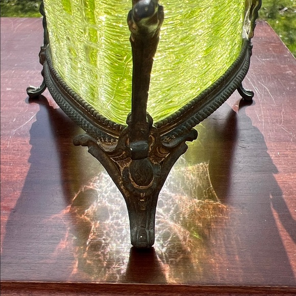 Antique French Jardiniere Loetz Style Green Glass Ormolu Art Deco Centerpiece - Picture 8 of 17